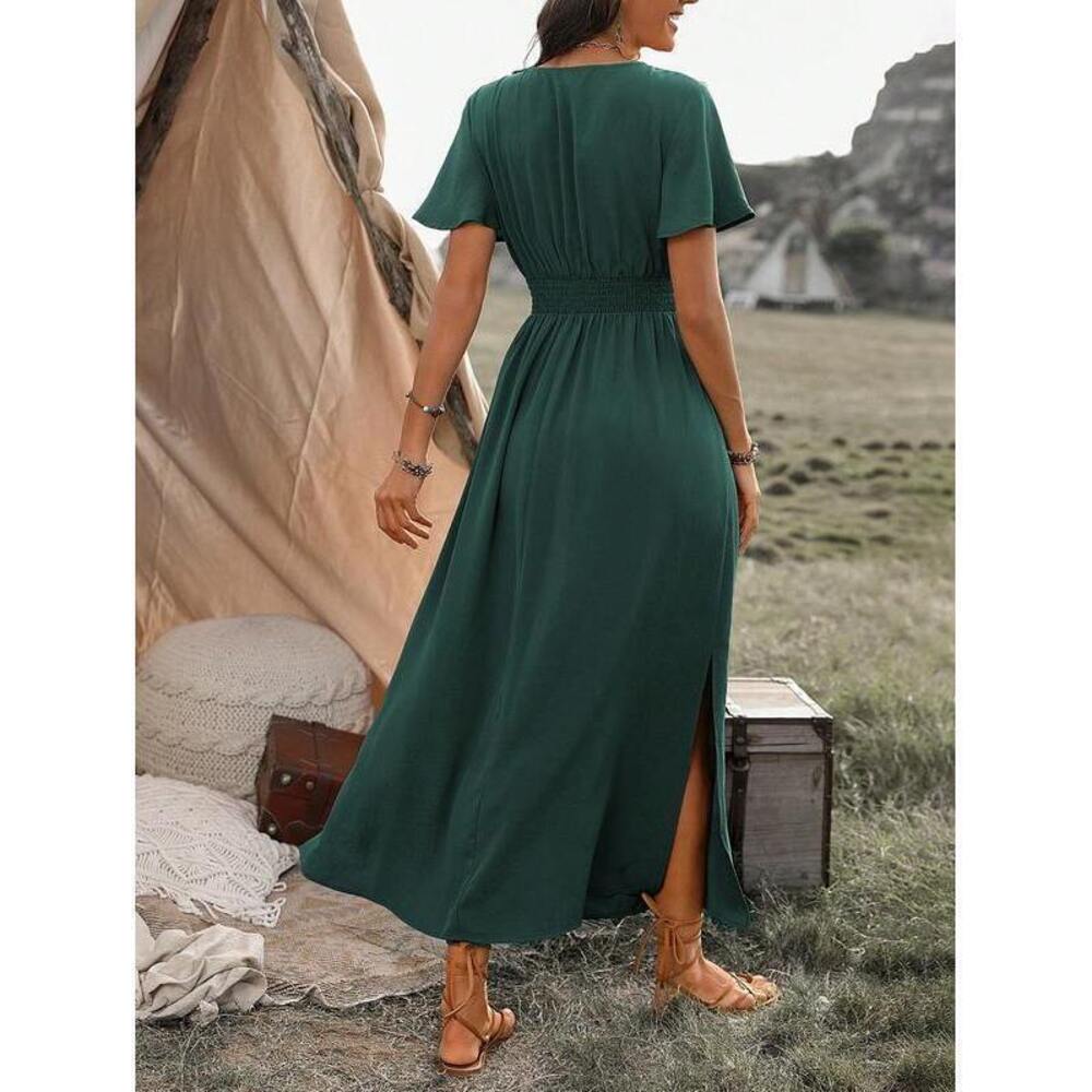 Wandoria Dark Green V-Neck Slit Maxi Dress, Boho - Picture 2 of 7
